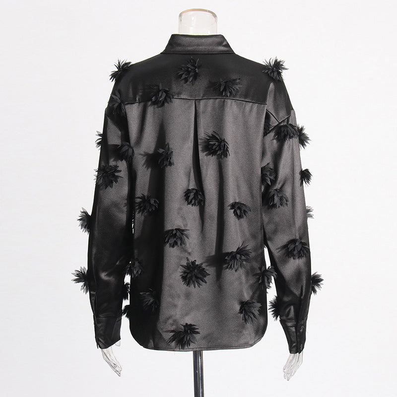 long sleeve satin shirt with floral appliqué details – NOIR