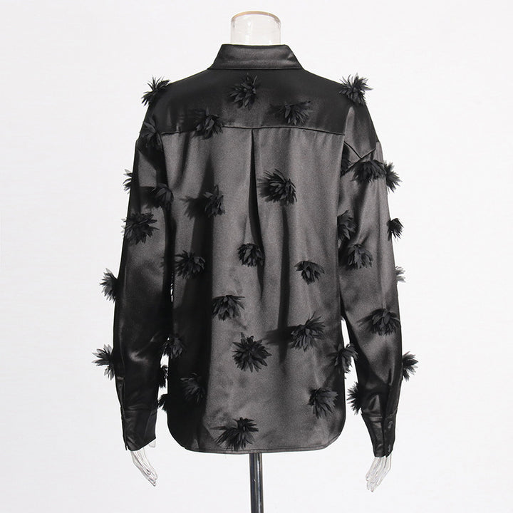 long sleeve satin shirt with floral appliqué details – NOIR