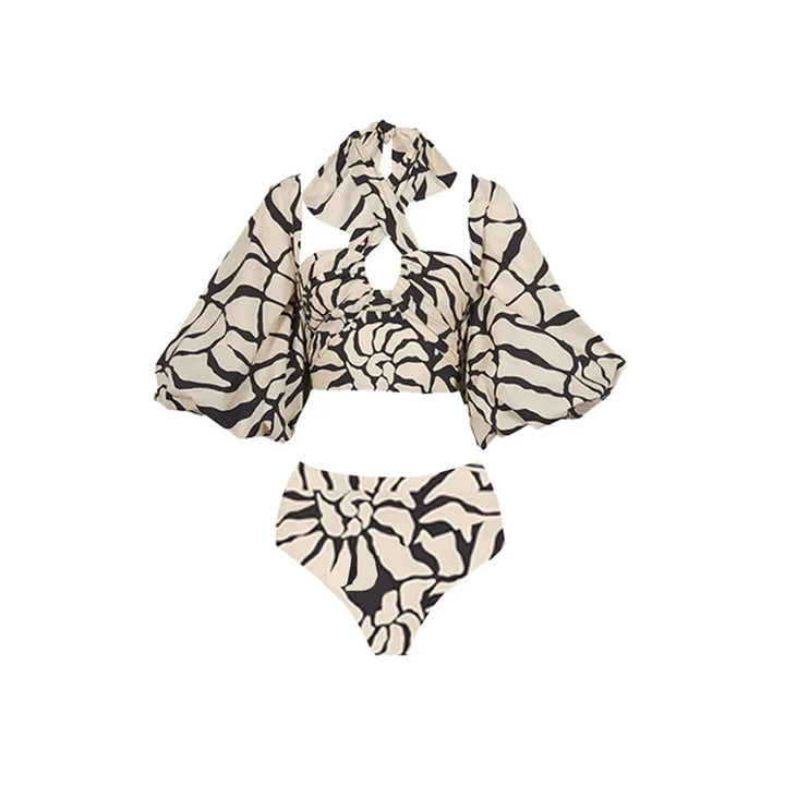 printed three-piece bikini set with cropped cover-up and sarong – ZARIA