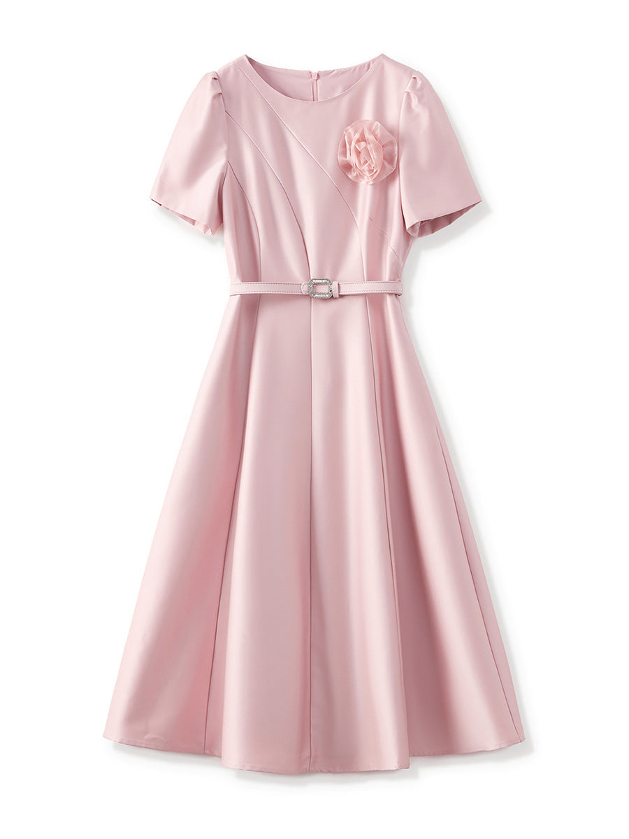 short-sleeve midi dress with floral appliqué belt - ROSELIAX