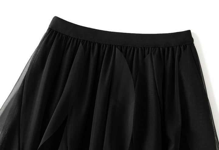 Asymmetrical ruffled mesh skirt with waterfall layers – Apilu