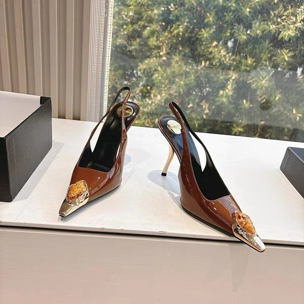 black patent slingback heels with emerald toe embellishment – ZARIA