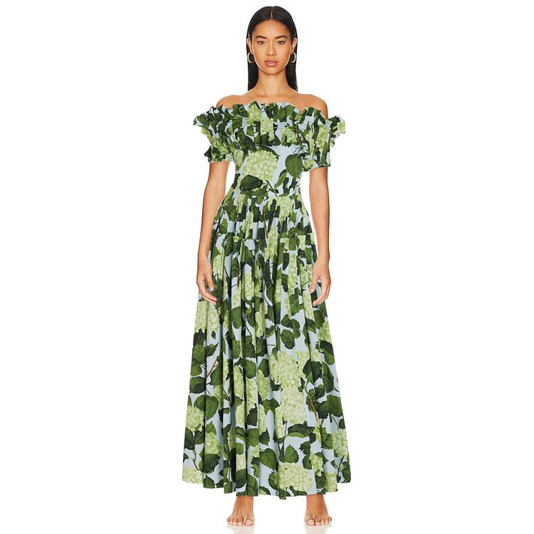 off-shoulder hydrangea print bikini set with maxi skirt – GREEN