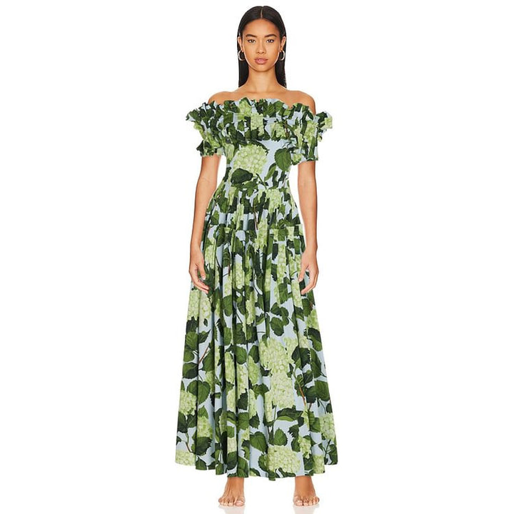 off-shoulder hydrangea print bikini set with maxi skirt – GREEN