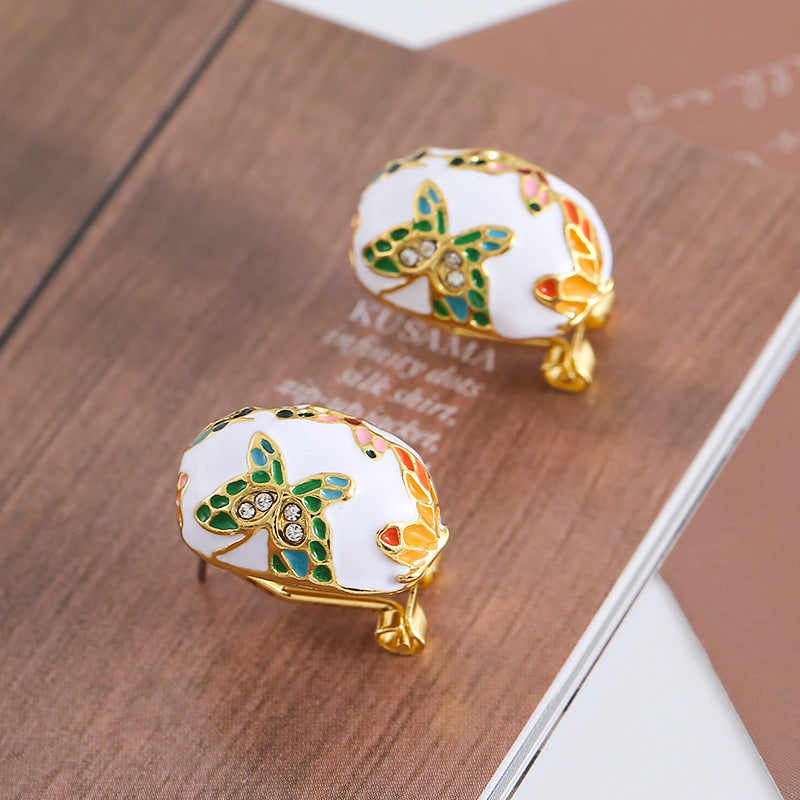 Enameled oval stud earrings with floral butterfly motifs - Alkosdi