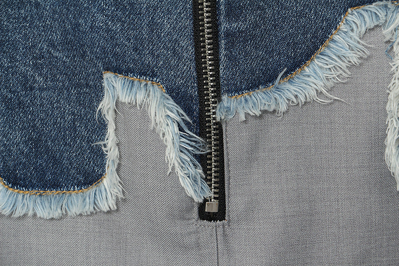 High-waist midi skirt with denim panel and raw-edge detail – DENYRA