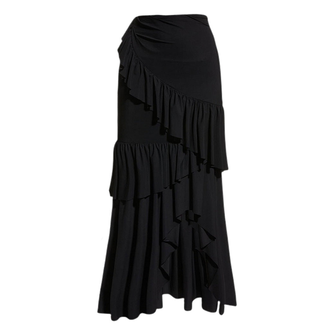 one-shoulder striped swimsuit with layered ruffle maxi skirt – EDGE