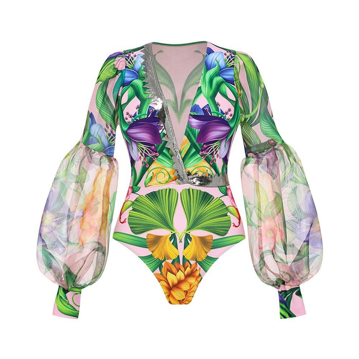 tropical sheer sleeve bodysuit with tiered maxi skirt – FLORELLA