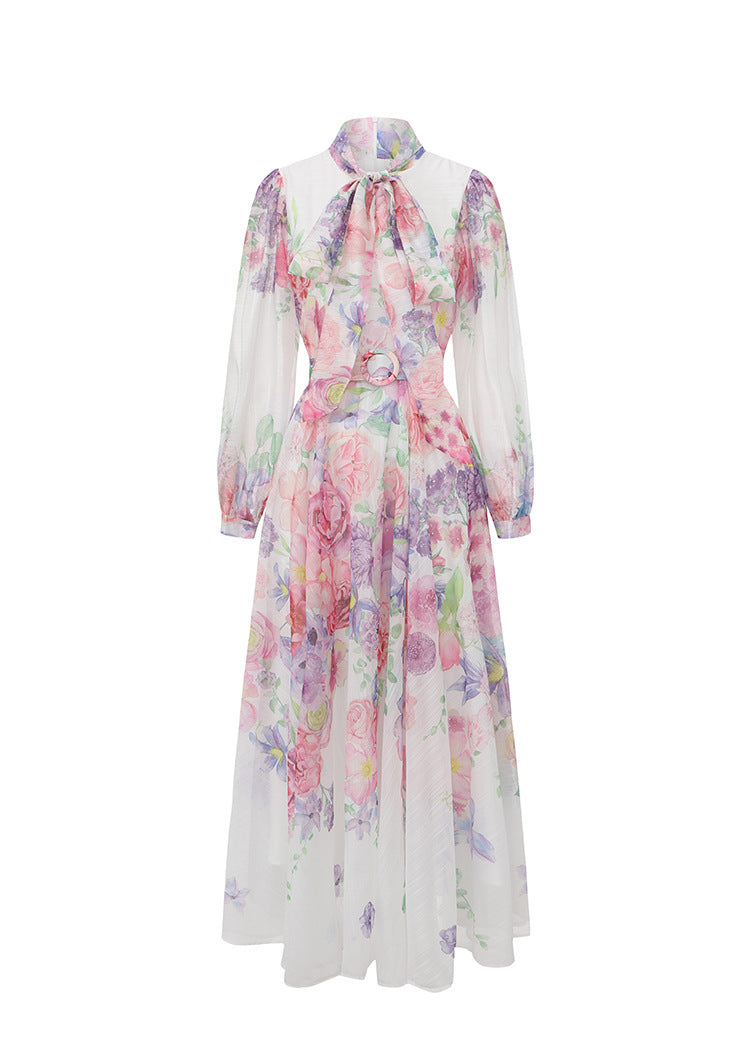 long sleeve floral chiffon dress with neck tie and belted waist – BLOSSOM