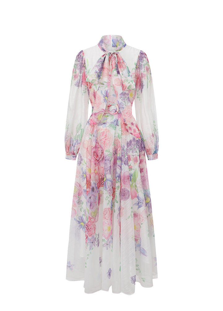 long sleeve floral chiffon dress with neck tie and belted waist – BLOSSOM