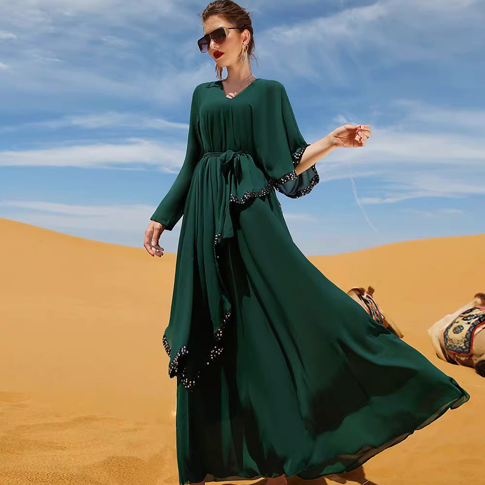 Elegant Long Sleeve Maxi Dress with Waist Tie – RAYEN
