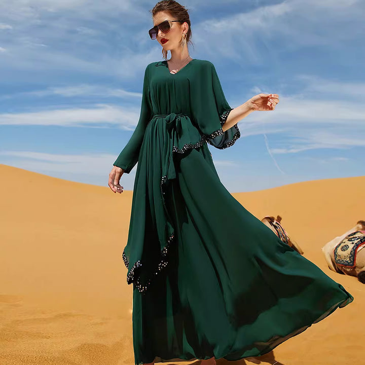 Elegant Long Sleeve Maxi Dress with Waist Tie – RAYEN