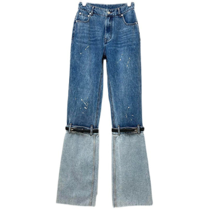 paint splatter wide-leg jeans with layered cuff detail - Aanada