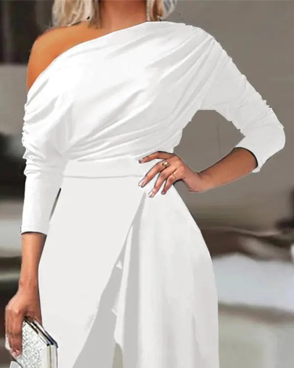 one-shoulder draped jumpsuit with front overlay - PONXSA