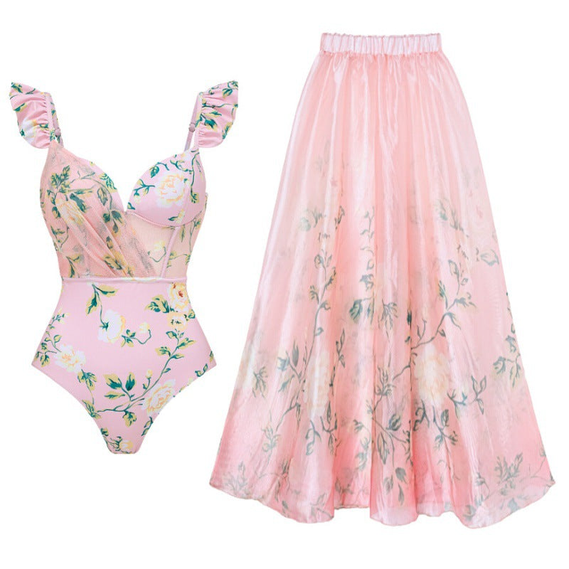 ruffle strap floral swimsuit with sheer maxi skirt – WHISPER