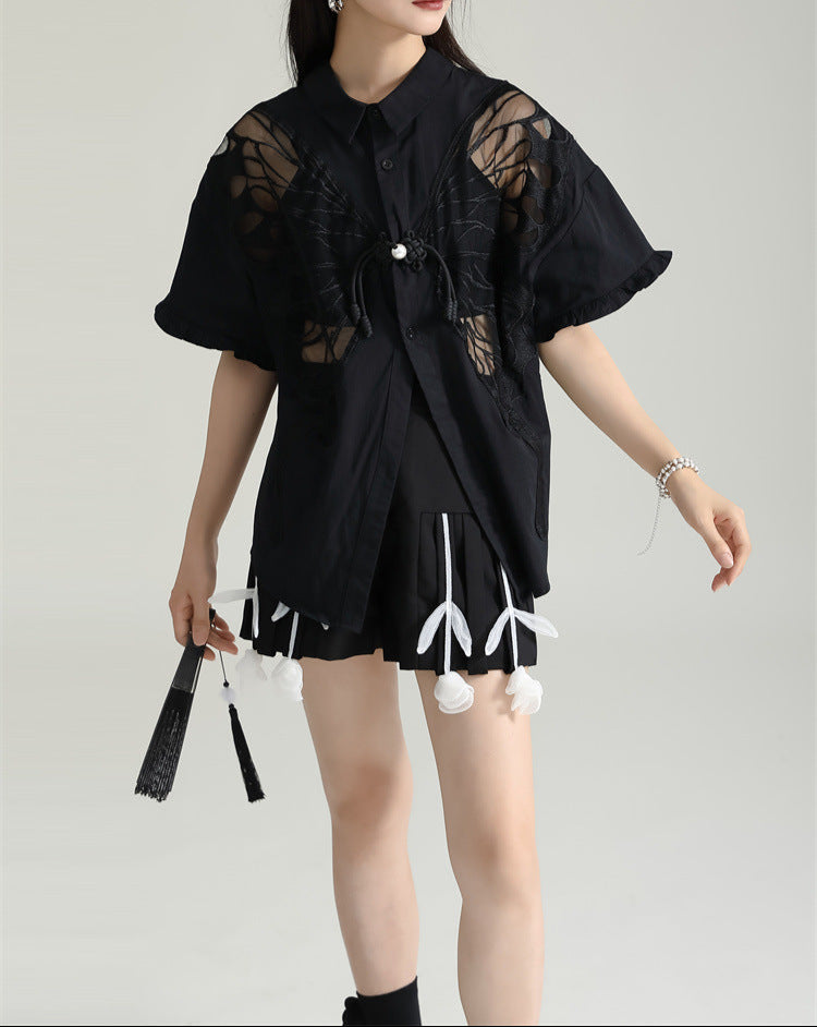 short-sleeve shirt with butterfly mesh applique - Virwe