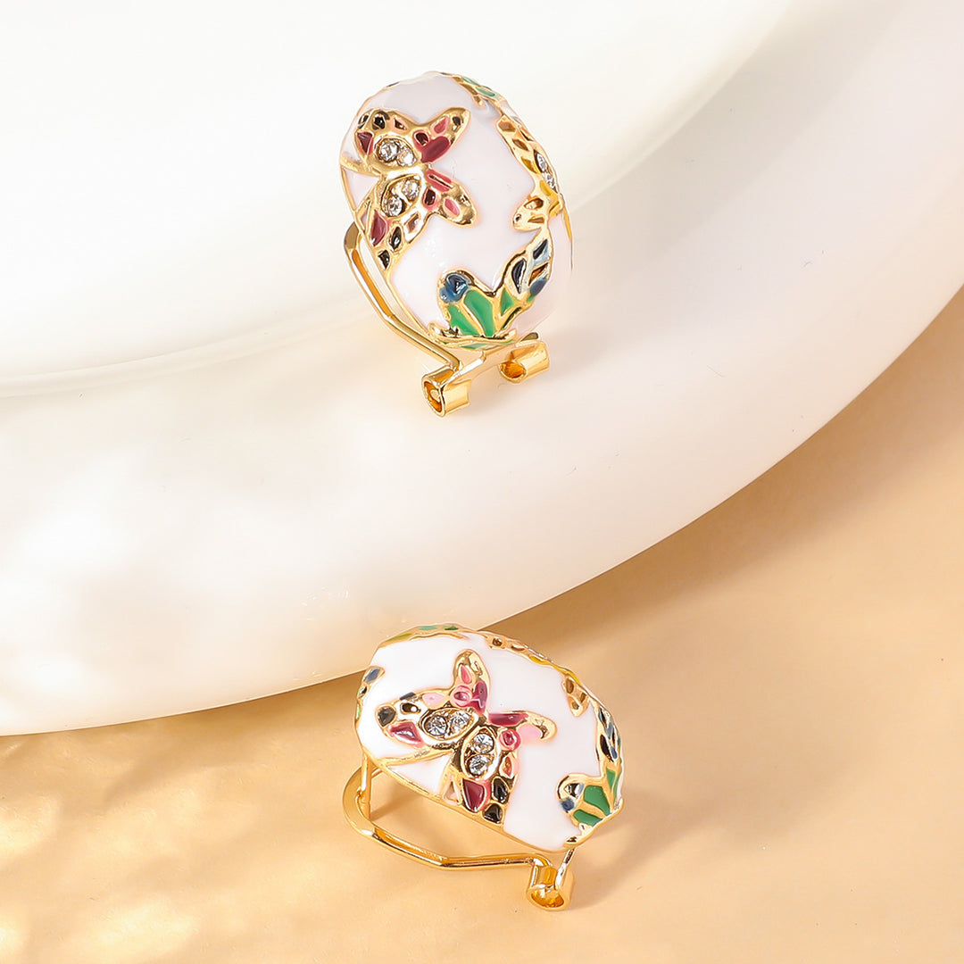 Enameled oval stud earrings with floral butterfly motifs - Alkosdi