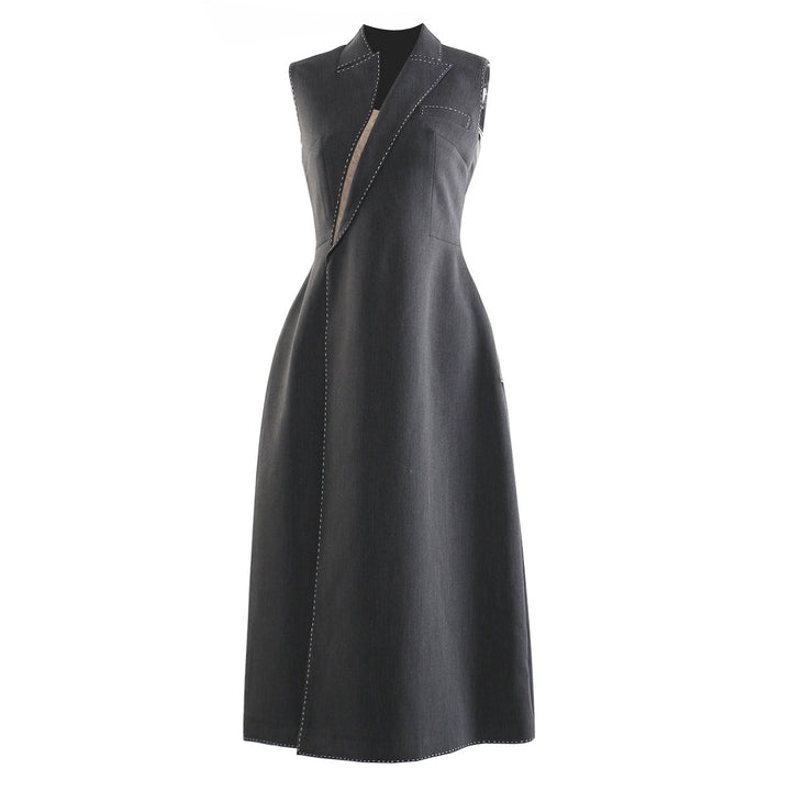 Sleeveless tailored lapel midi dress with contrast stitching – IVERA