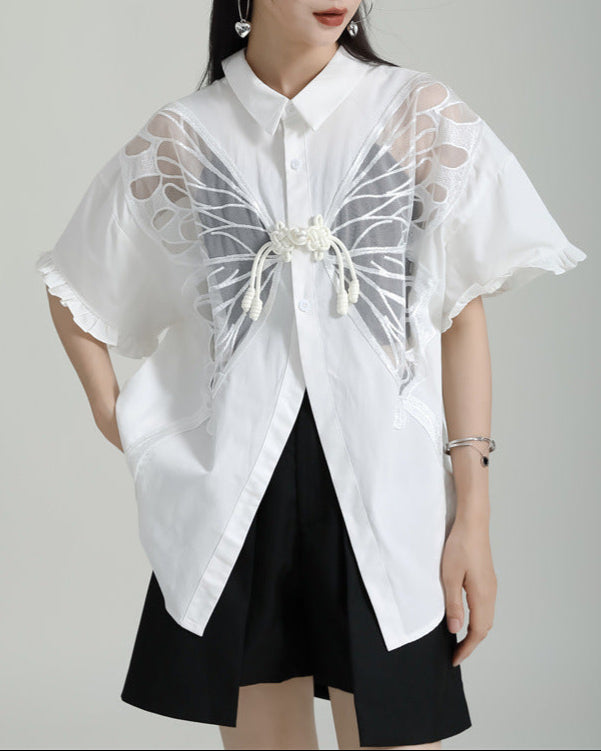 short-sleeve shirt with butterfly mesh applique - Virwe