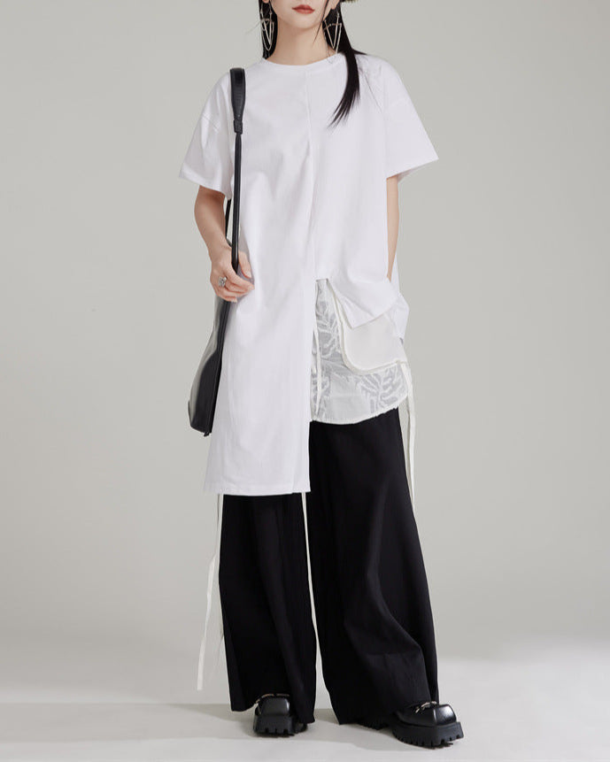 asymmetrical layered T-shirt with chiffon side panel - MAIAZ