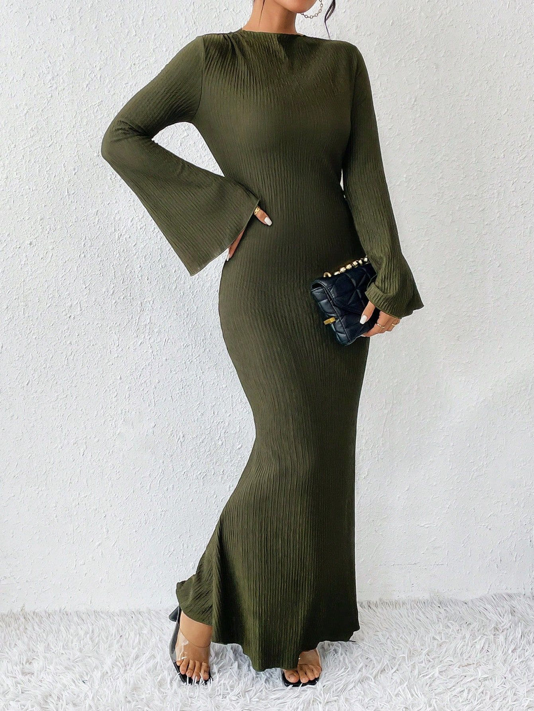 ribbed column maxi dress with flared sleeves – VAZIRA