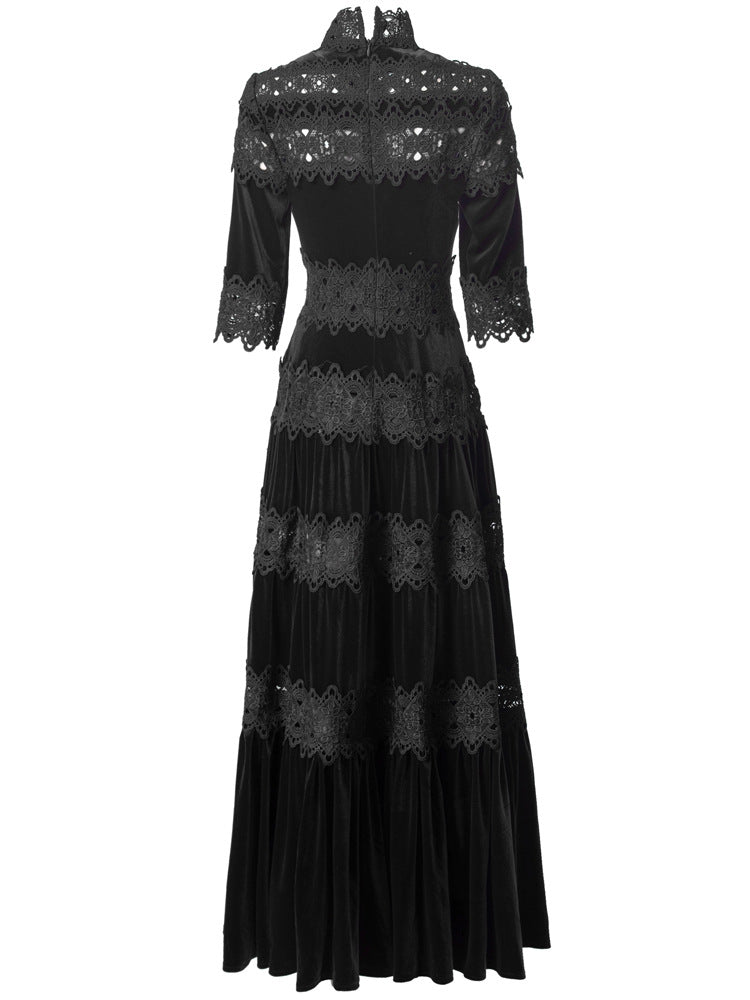 velvet maxi dress with lace panels and high neck – RUBINA