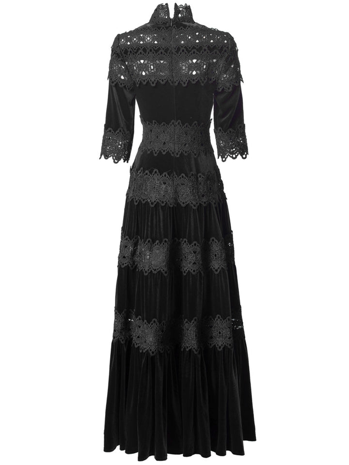 velvet maxi dress with lace panels and high neck – RUBINA
