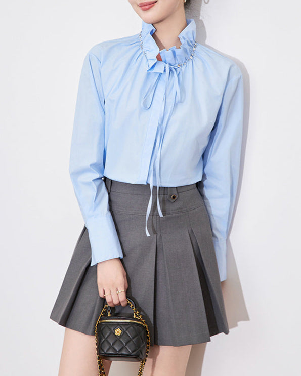 long-sleeve blouse with ruffled tie neckline – ESMÉZA