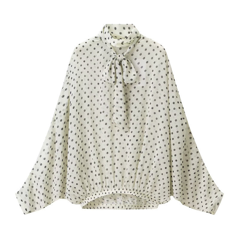 polka dot blouse and flowing midi skirt set with tie-neck – NOIR