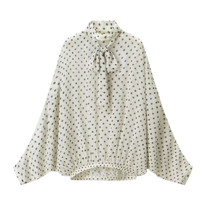 polka dot blouse and flowing midi skirt set with tie-neck – NOIR