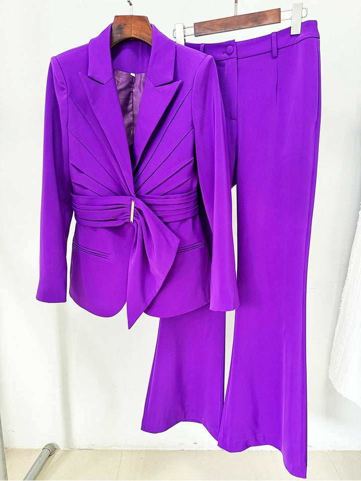Draped belted blazer broekenset met uitlopende pijpen – Vronik 