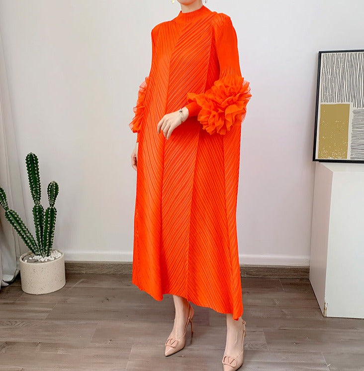 pleated maxi dress with floral cuff sleeves – Volen