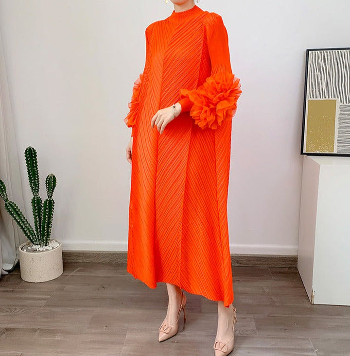pleated maxi dress with floral cuff sleeves – Volen