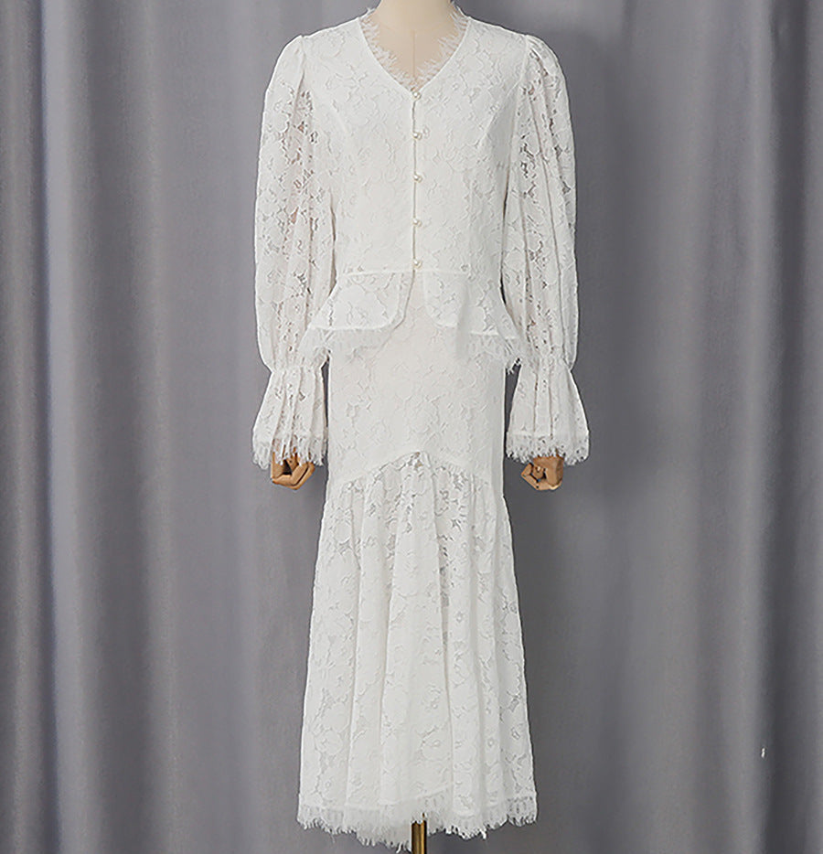 Elegant Lace Midi Dress with Button Front-ERINTA