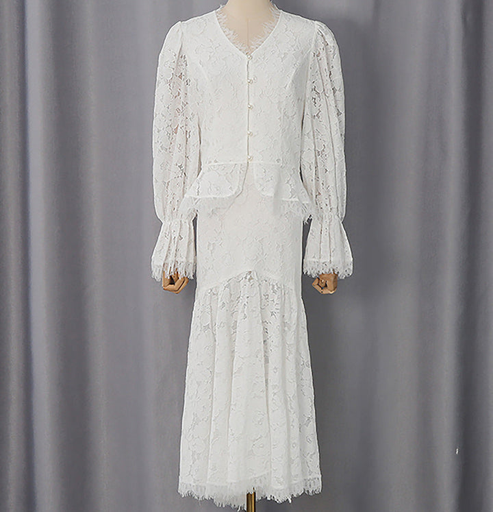 Elegant Lace Midi Dress with Button Front-ERINTA