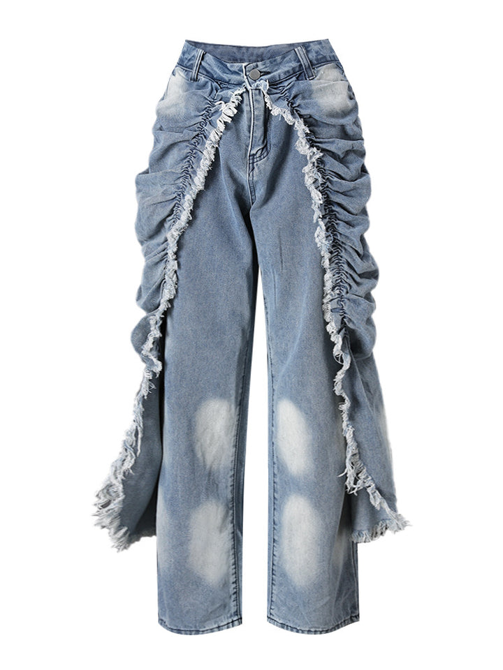 Ruched Raw Edge Denim Pants - Trendy