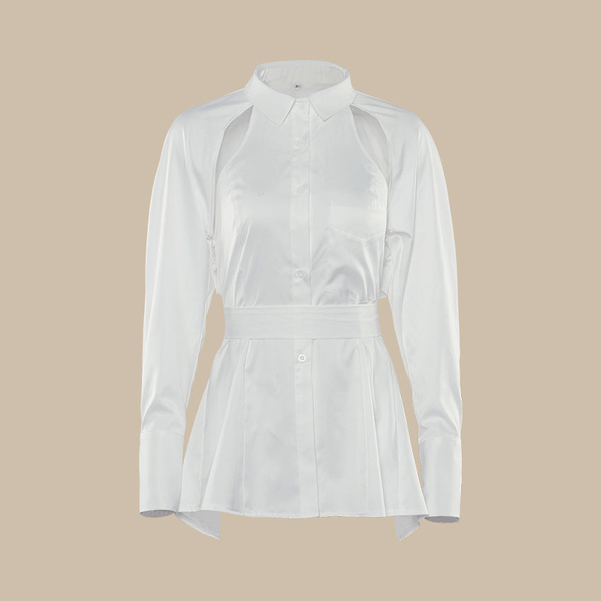 cutout long-sleeve shirt with waist belt – VOGUE