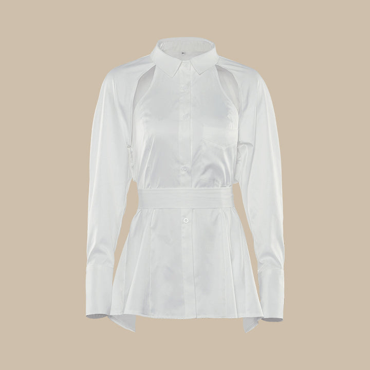 cutout long-sleeve shirt with waist belt – VOGUE