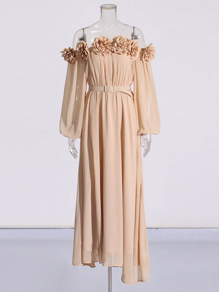 off-shoulder floral chiffon maxi dress with belt – BLOSSOM