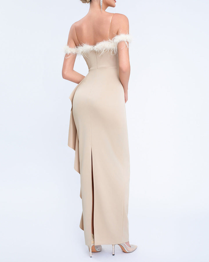 off-shoulder gown with feather trim and cascading ruffle – NOIRILU