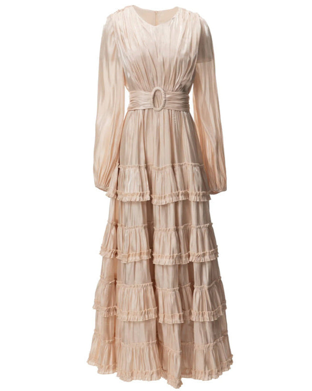 long-sleeve tiered pleated dress with voluminous hem - LÉONIE