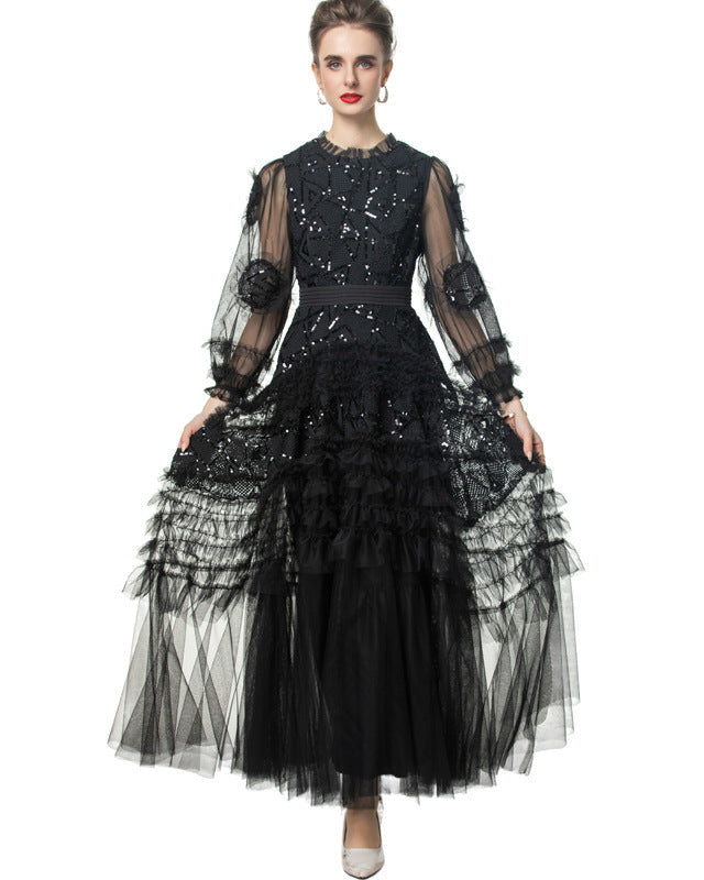 long-sleeve layered gown with tulle and embroidery - IRISWU