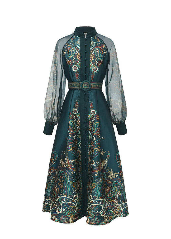 long sleeve paisley print dress with sheer sleeves and belted waist – NOIR