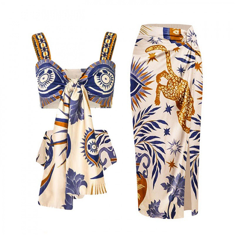 printed tie-front crop top with wrap midi skirt set – SAVANNAH