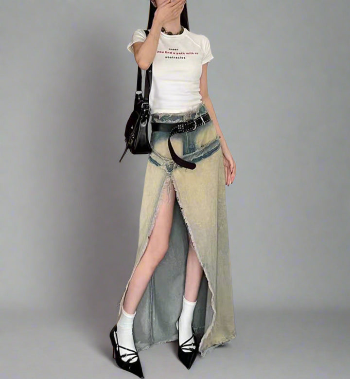 distressed denim maxi skirt with raw slit - Balthah