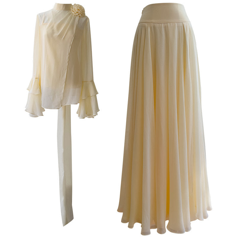 long sleeve chiffon maxi dress with layered flared cuffs and floral shoulder detail – AHMEDO