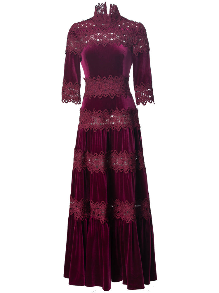velvet maxi dress with lace panels and high neck – RUBINA