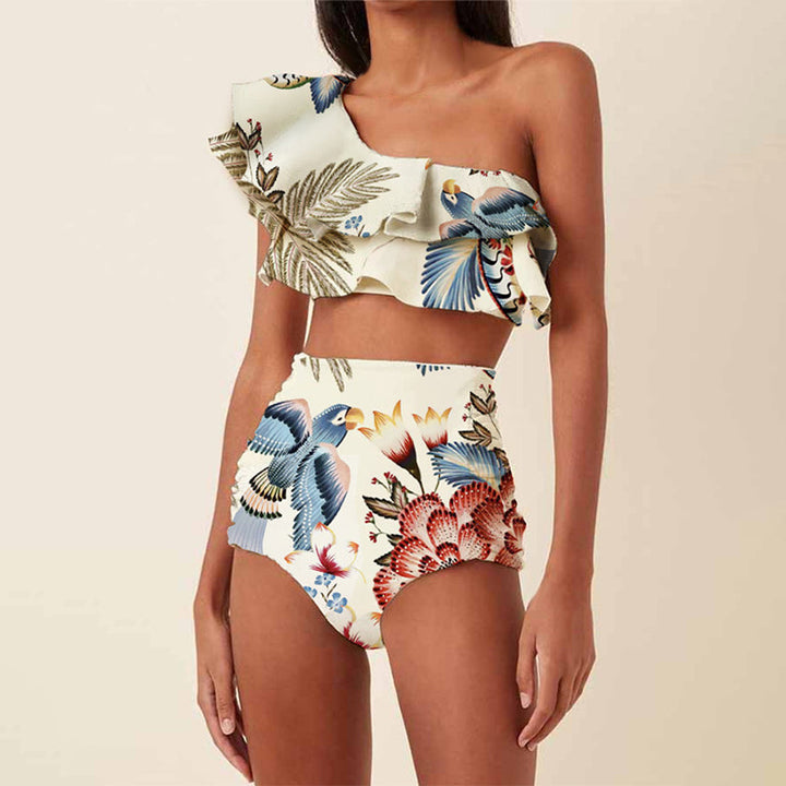 one-shoulder ruffle floral bikini with draped midi skirt – AZURA