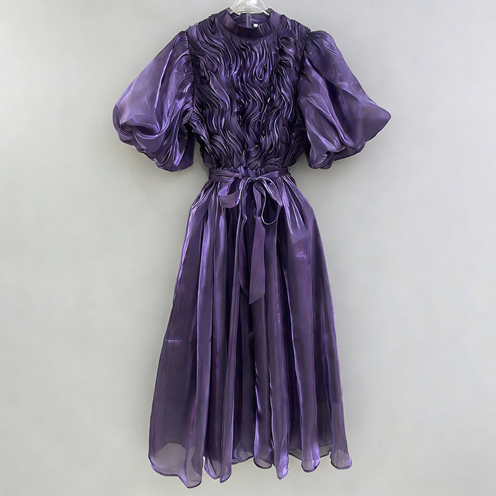 puff sleeve midi dress with textured bodice and belt – ROSELLA