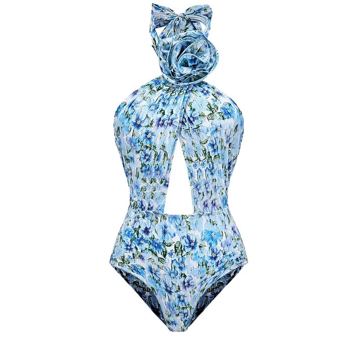 halter floral cutout swimsuit with wrap maxi skirt – AZURE
